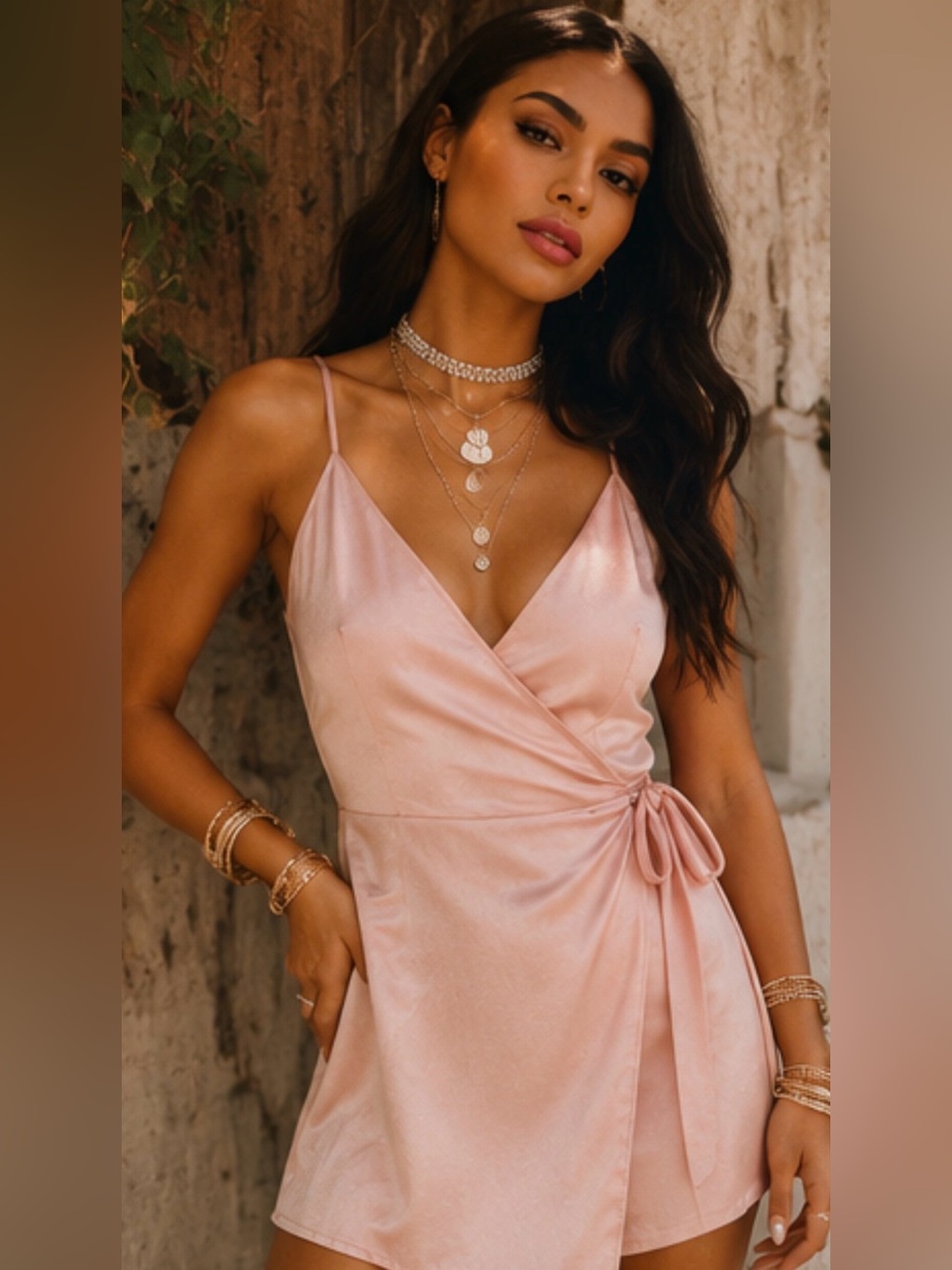 Baby Pink Satin Wrap Cami Romper